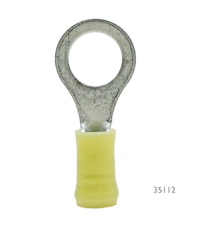 35109 RING TERMINAL/#10 stud/tab size, female, insulated, yellow, tin plating, copper material, nylon insulation, 300 VAC. For use with 12-10 gauge wire.