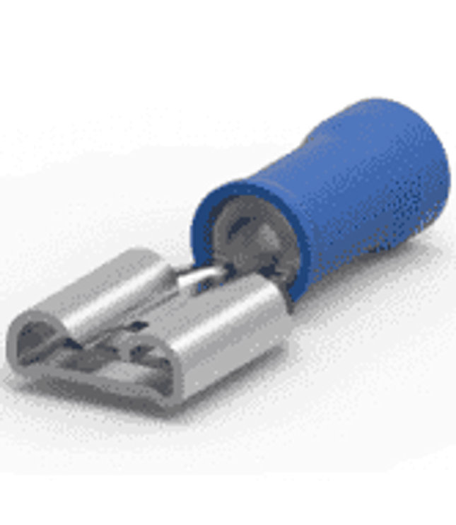 640905-1 RECEPTACLE/Female, insulated, blue, 300 VAC, PIDG series. Sutd/tab size: 6.35 mm X .81 mm. For use with 16-14 guage wire
