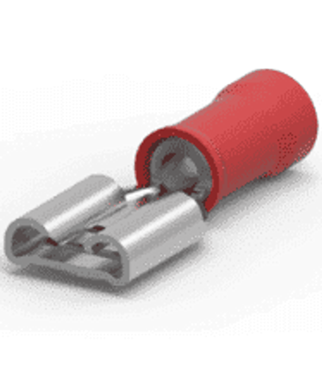 640917-1 RECEPTACLE/Female, insulated, red, 300 VAC, PIDG series. Stud/tab size: 4.75 mm X .51 mm. For use with 22-18 gauge wire